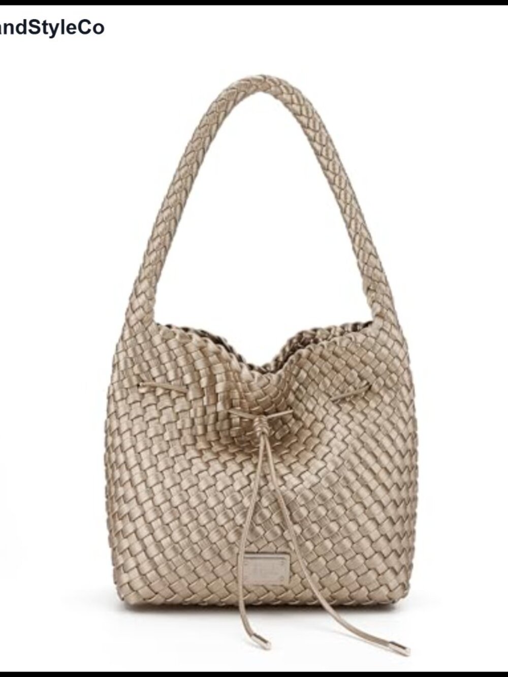 Woven Vegan Leather Shoulder Bag Drawstring Closure